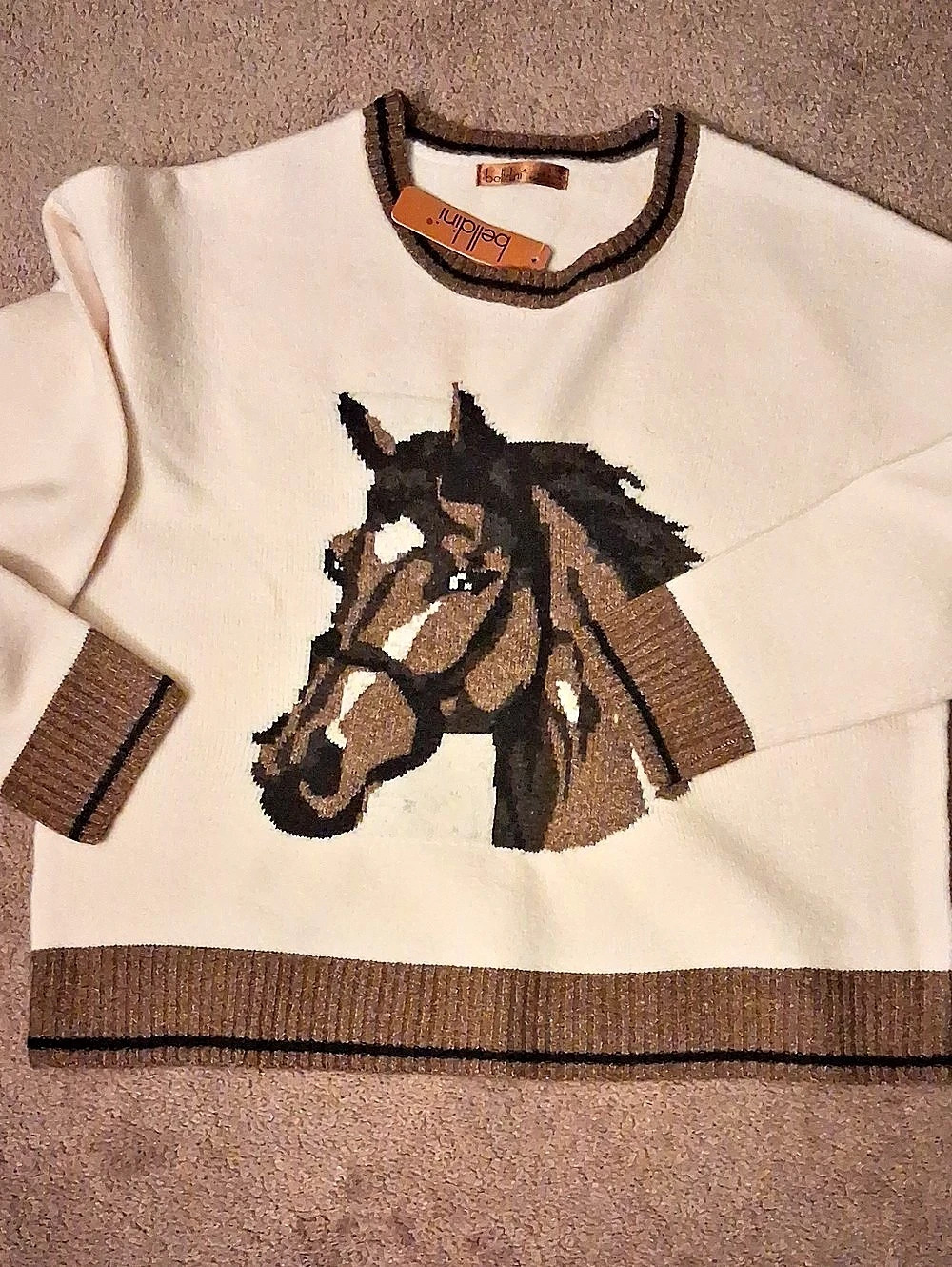 Beldini Horse Graphic Crewneck Sweater in Cream & Brown NWT